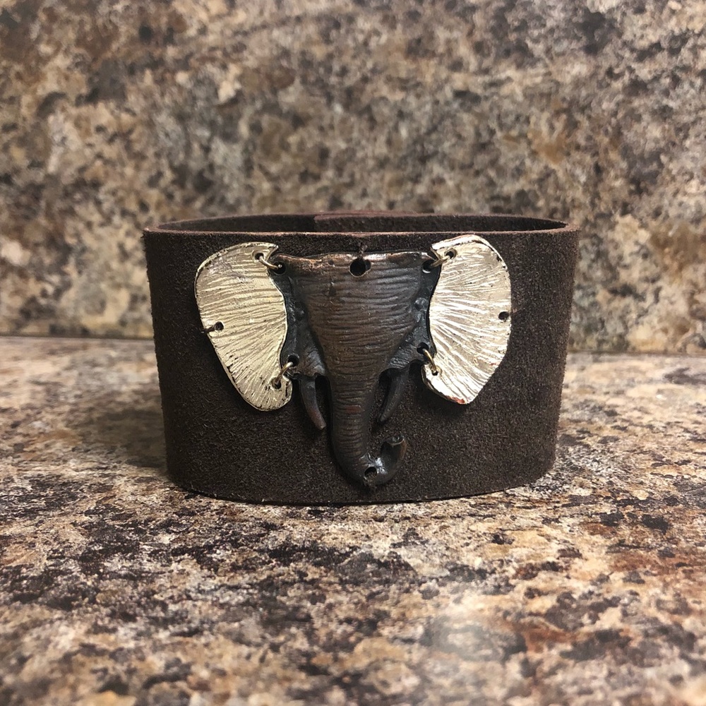 Handmade leather cuff bracelet with elephant